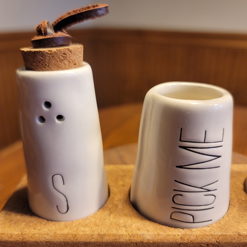 Mud Pie Ceramic Salt Pepper Shakers & Toothpick Holder With Cork Tray - Picture 2 of 12